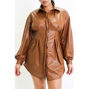 Women's PU Faux Leather Tuck Long Sleeves Button Down Mini Shirt Dress Top S M L